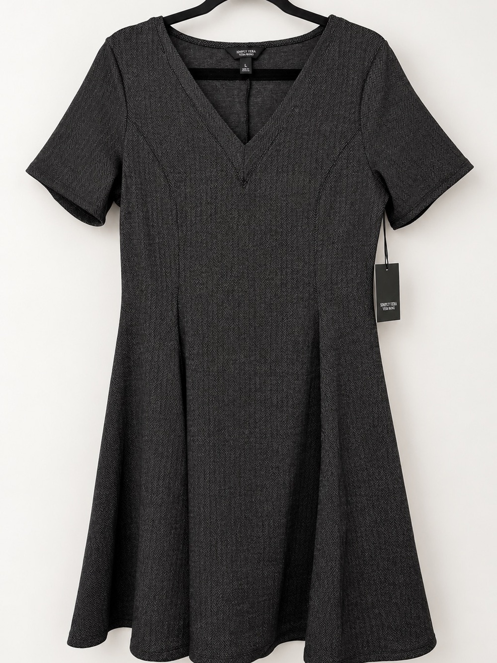 Simply Vera Wang Ponte Dress L Black Charcoal Herringbone A-Line NWT